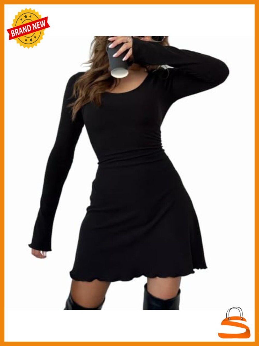 Women's Long Sleeve Bodycon Mini Dress Stretchy Scoop Neck Party Club